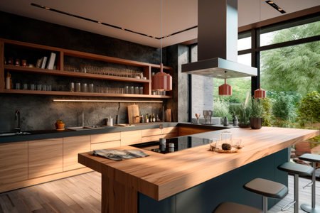 large modern kitchen with an island and stoolsの素材