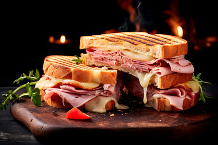 grilled Panini sandwich with ham, cheese, tomato and arugula on wooden tableの素材