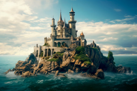 medieval fantasy castle on a big rock surrounded by seaの素材