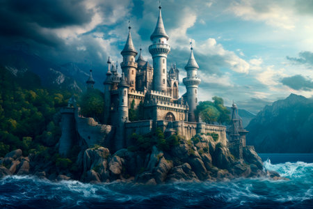 medieval fantasy castle on a big rock surrounded by seaの素材