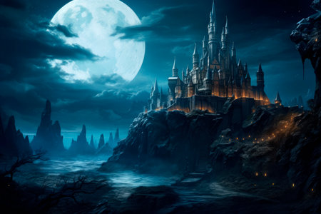 Mysterious medieval castle in a full moon nightの素材