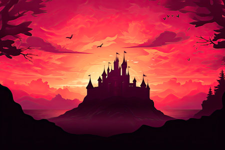 Silhouette of a royal castle with a sunset landscapeの素材