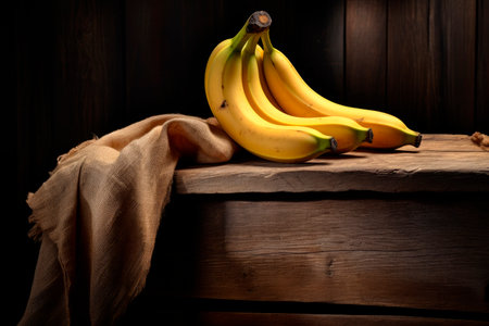 yellow bananas on rustic wooden tableの素材