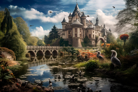 medieval fantasy castle surrounded by a gardenの素材