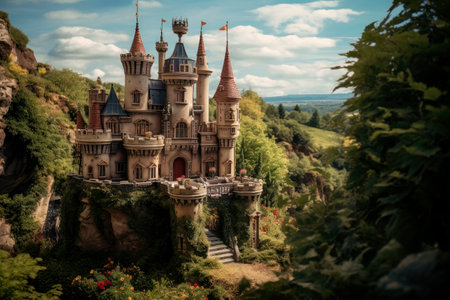 medieval fantasy castle surrounded by a gardenの素材