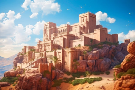 medieval fantasy castle on a big rockの素材