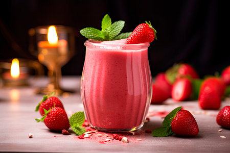 fresh strawberry smoothie on wooden table and black backgroundの素材