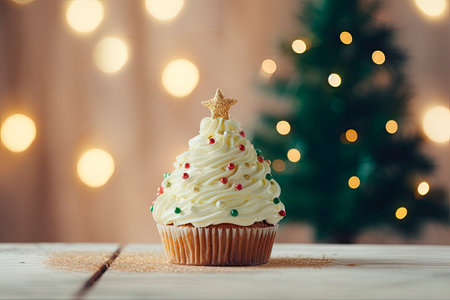 Christmas tree cupcakes on wooden table and blur light background. copy spaceの素材
