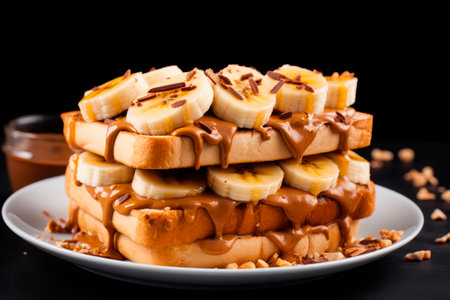 Toast with peanut butter and banana slices on wooden tableの素材