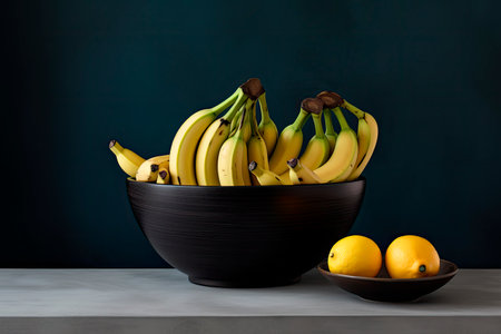 yellow bananas in black bowl on wooden table and black backgroundの素材