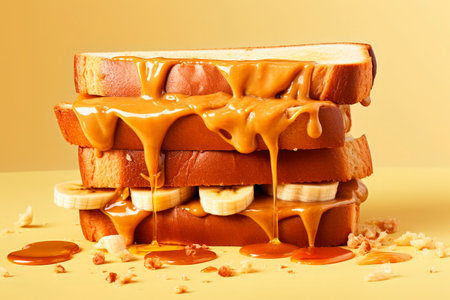 Toast with peanut butter and banana slices on yellow backgroundの素材