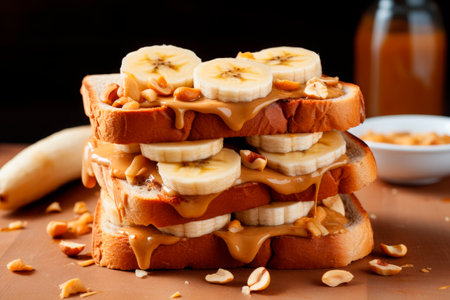 Toast with peanut butter and banana slices on wooden tableの素材