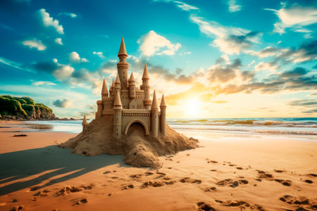 medieval castle made with sand on the beachの素材