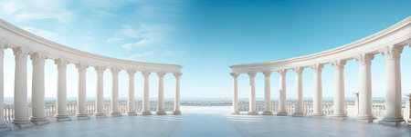 Classical Greek style colonnade against blue skyの素材