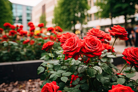 garden in the city full of red roses. copy spaceの素材