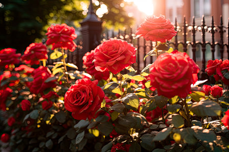 garden in the city full of red roses. copy spaceの素材