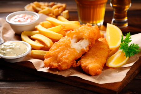 Traditional english food fish and chips on wooden tableの素材