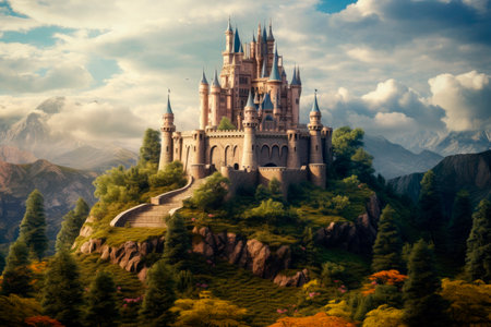 medieval fantasy castle on a big mountainの素材