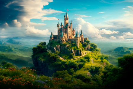 medieval fantasy castle on a big mountainの素材