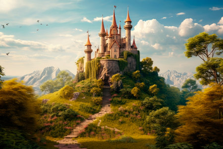 medieval fantasy castle on a big mountainの素材