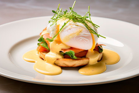 A delicious eggs benedict with smoked salmon, hollandaise sauce on wooden tableの素材