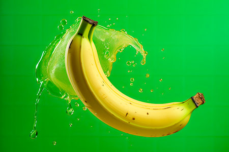 Banana water splash on green backgroundの素材