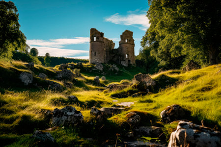 old castle made with stone with meadow aroundの素材