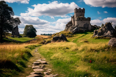 old castle made with stone with meadow aroundの素材