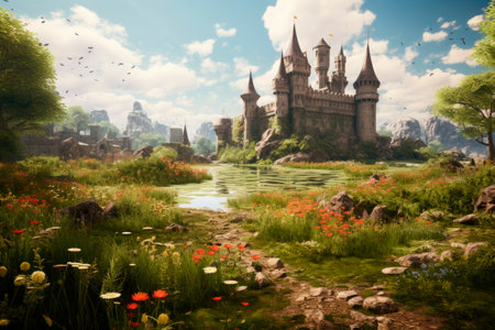 old castle made with stone with meadow aroundの素材