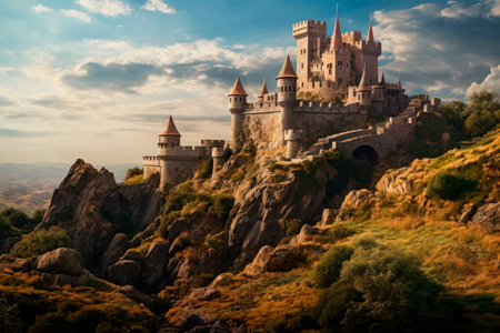 old castle made with stone with meadow aroundの素材