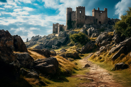 old castle made with stone with meadow aroundの素材