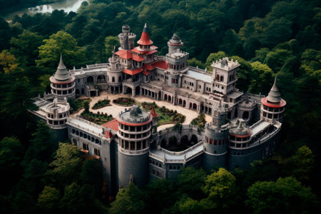 Top view of a chinese castle drone view surrounded by forestの素材