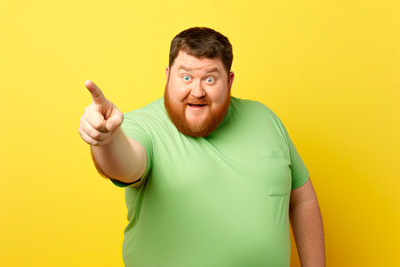 young confident chubby overweight man with yellow backgroundの素材