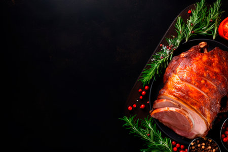 Traditional Christmas Roasted Holiday Pork Ham on black background. Top view. Copy spaceの素材
