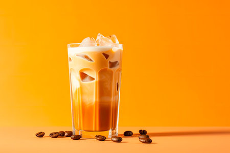 iced latte coffee on yellow background. copy spaceの素材