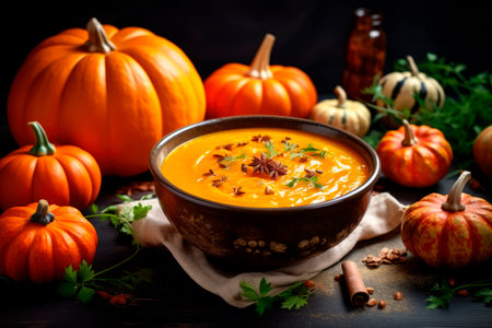 Traditional pumpkin soup with cream in bowl and ingredients on dark backgroundの素材
