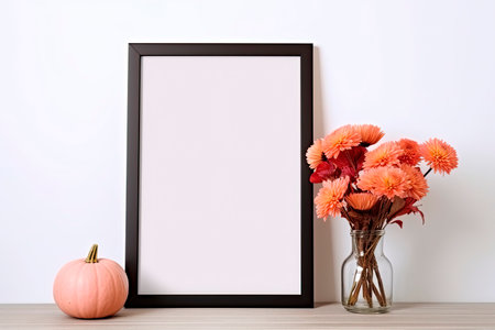 Mock up blank picture frame with pink hue autumn flowers and pumpkin on a wooden shelf against a white wall. Copy spaceの素材