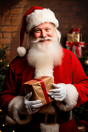 christmas santa claus with gift box in his handsの素材