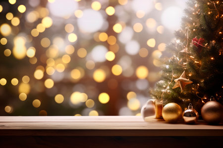 decorated christmas tree on wooden table and blurred background. Copy spaceの素材