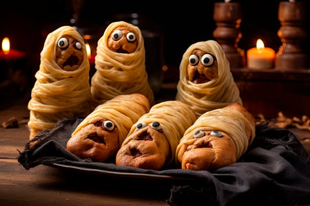 Scary sausages mummies in dough with funny eyes on wooden tableの素材