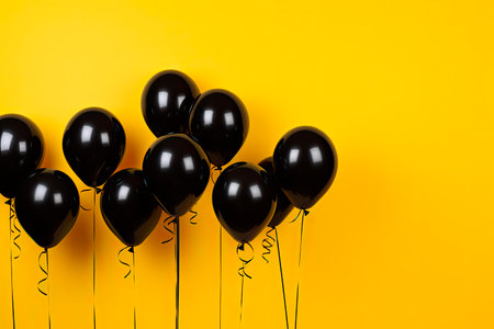 black balloons on yellow background with copy space. black friday conceptの素材