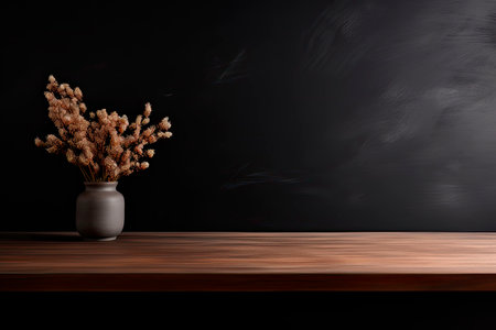 wooden table on black wall in dark background. Copy spaceの素材