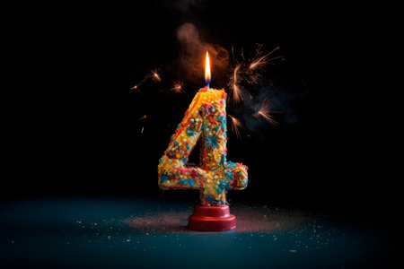 number four candle with fireworks on black backgroundの素材