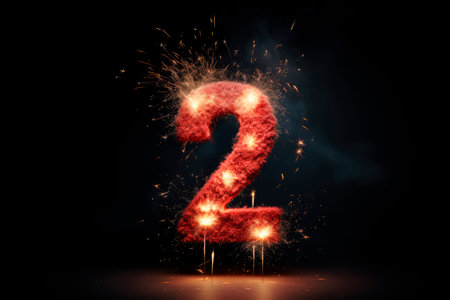 number two candle with fireworks on black backgroundの素材