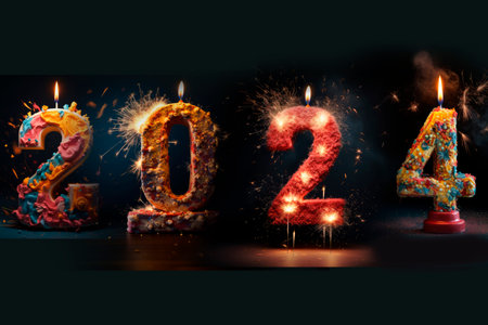 Number 2024 from candles with fireworks on black background. Happy New Year 2024 is coming concept.の素材