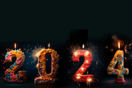 Number 2024 from candles with fireworks on black background. Happy New Year 2024 is coming concept.の素材