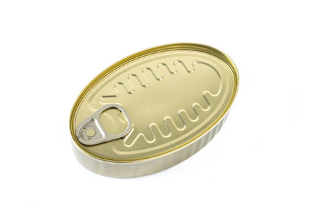 Canned food in metal cans isolated on white backgroundの写真素材