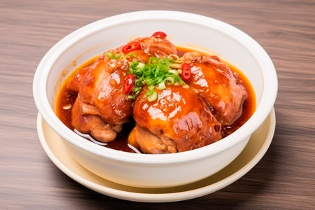 Taiwanese traditional food pork knuckle in a white bowl with golden line for Chinese Lunar New Year meal on white wooden tableの素材