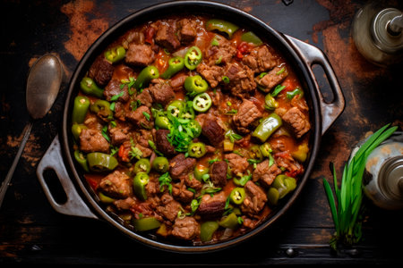 hearty Beef and Okra Stew in casserole on wooden table. Top view. Traditional African foodの素材