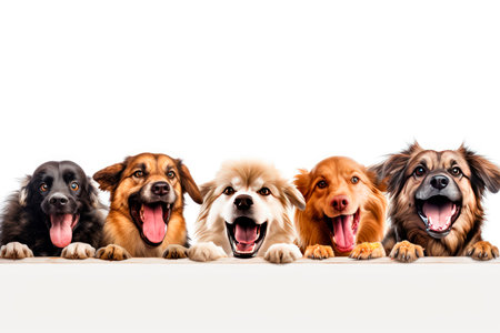 Banner of hungry dogs with tongue out waiting to eat food. Isolated on white backgroundの素材